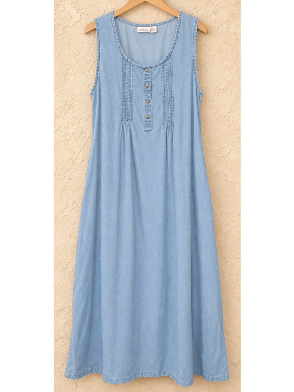 The Vermont Country Store L Maxi Dress Blue Jean Denim Sleeveless Pockets Flared